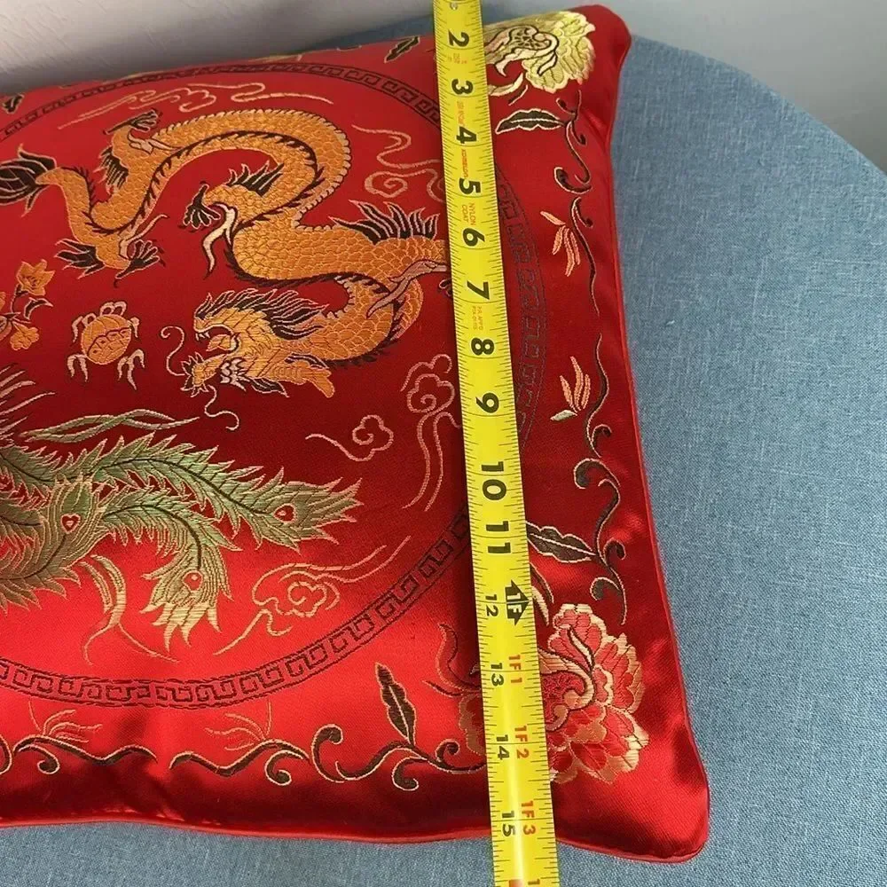 Red Satin Dragon Phoenix Decorative Pillow